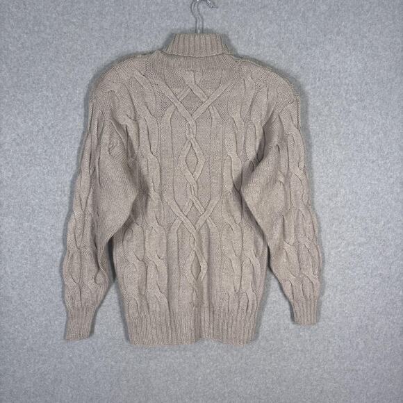 VTG 80s Sweater Medium Tan Cable Knit‎ Turtleneck Fisherman Mohair Wool Neutral - Picture 7 of 10